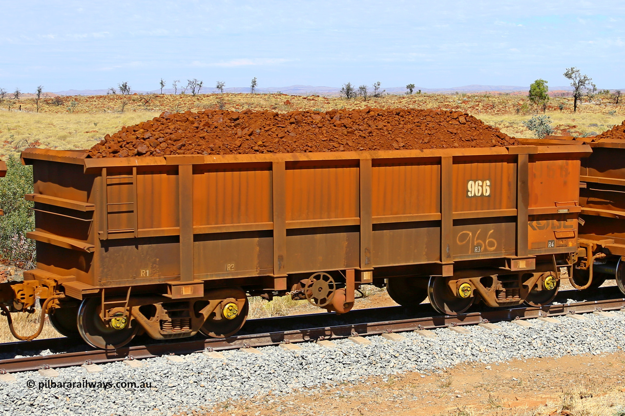 0966 170729 0201
Robe River ore waggon 966, built by Centurion Industries WA, fixed coupler handbrake side loaded view at the 103 km, between Maitland Siding and the Fortescue River on the Deepdale line. July 29, 2017.
Keywords: 966;Centurion-Industries-WA;Robe-ore-waggon;