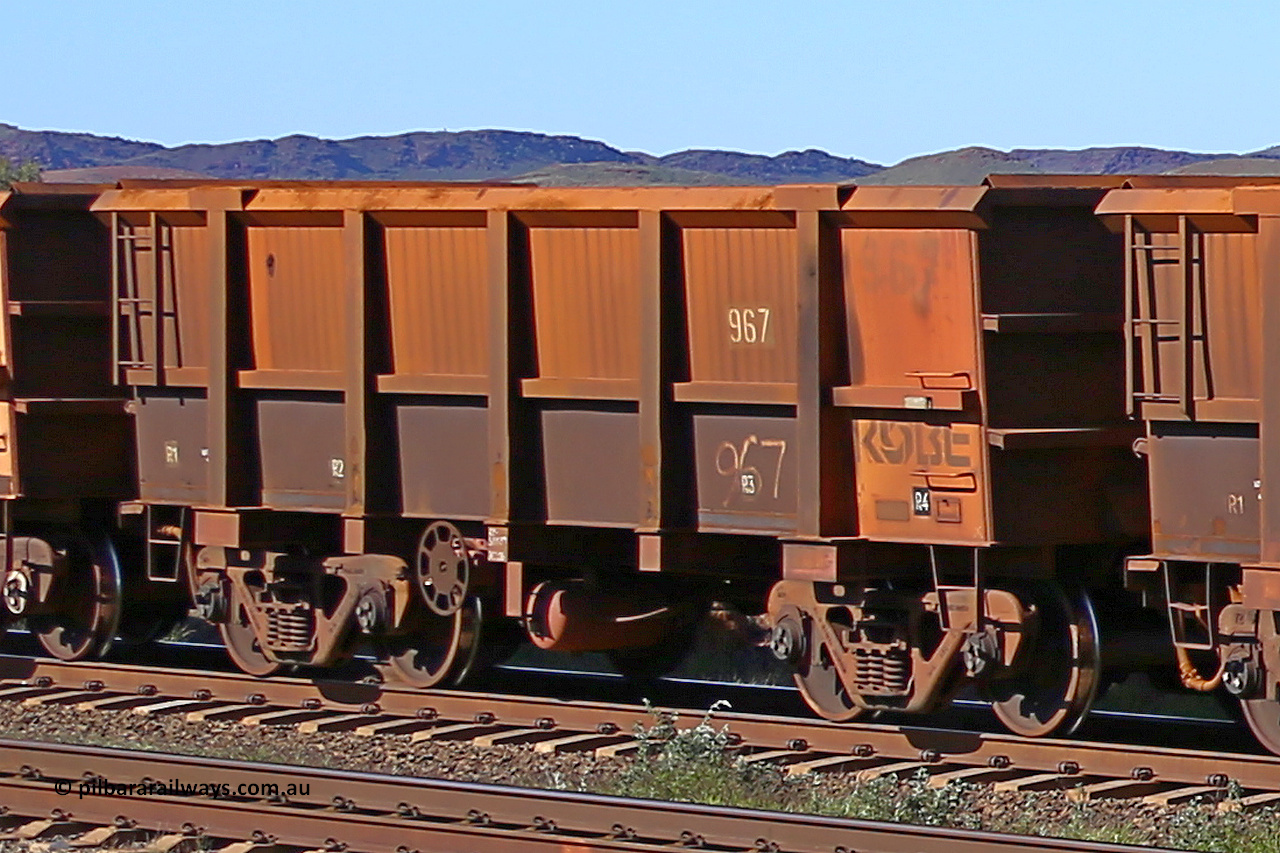 0967 160727 0972
Robe River ore waggon 967, built by Centurion Industries WA, rotary coupler end handbrake side empty view at Harding Siding on the Cape Lambert line, July 27, 2016.
Keywords: 967;Centurion-Industries-WA;Robe-ore-waggon;