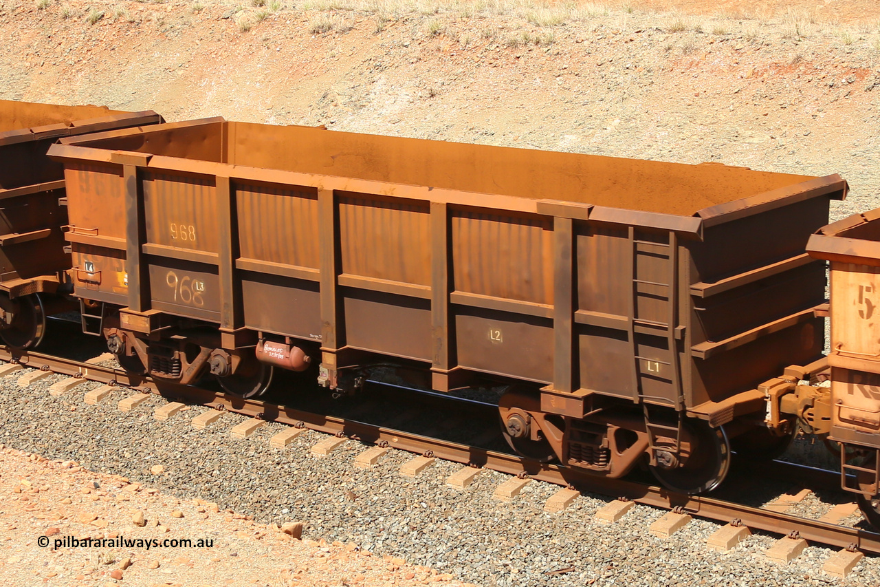 0968 160306 1245
Robe River ore waggon 968, built by Centurion Industries WA, fixed coupler non-handbrake side empty view at Greenpool on the Cape Lambert line. March 6, 2016.
Keywords: 968;Centurion-Industries-WA;Robe-ore-waggon;