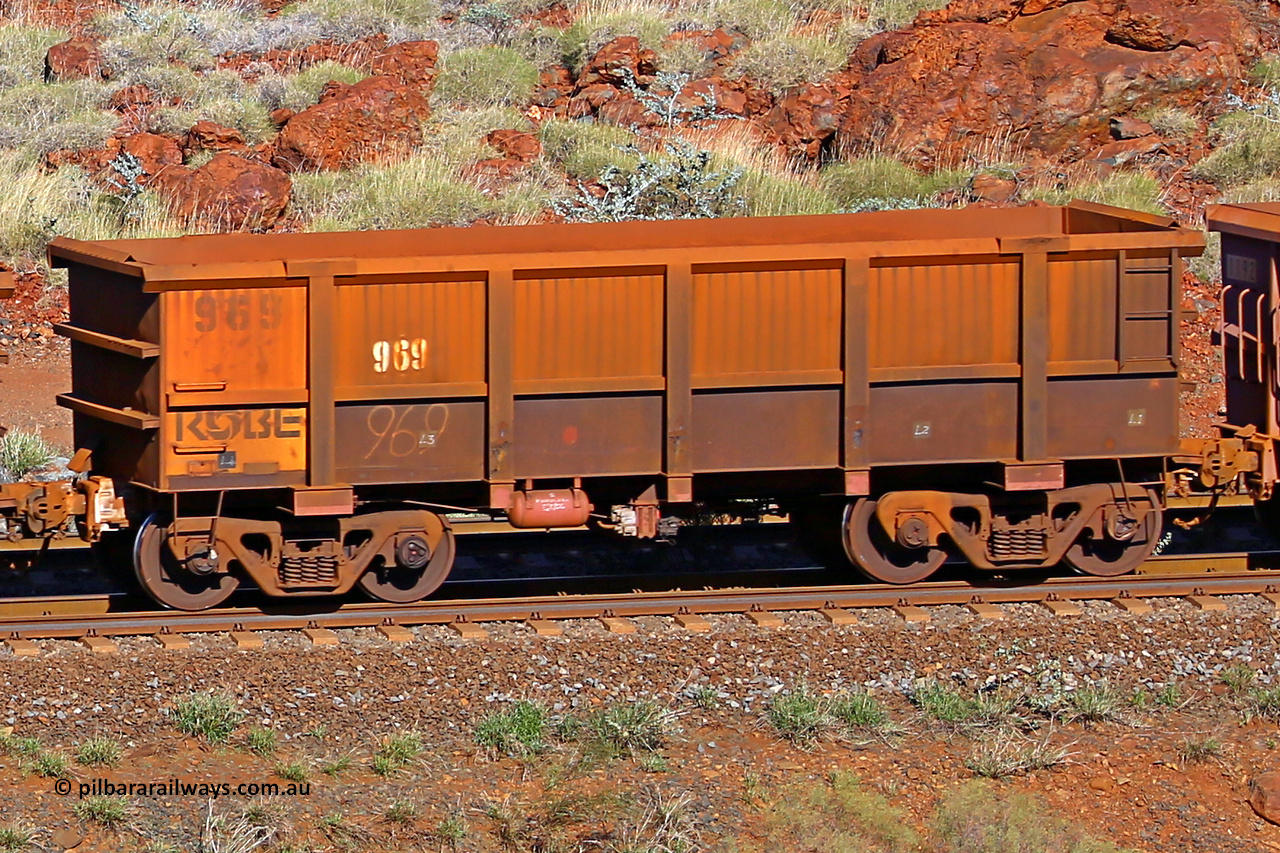 0969 180616 1705
Robe River ore waggon 969, built by Centurion Industries WA, rotary coupler end non-handbrake side empty view at the 38 km, Harding on the Cape Lambert line, June 16, 2018.
Keywords: 969;Centurion-Industries-WA;Robe-ore-waggon;