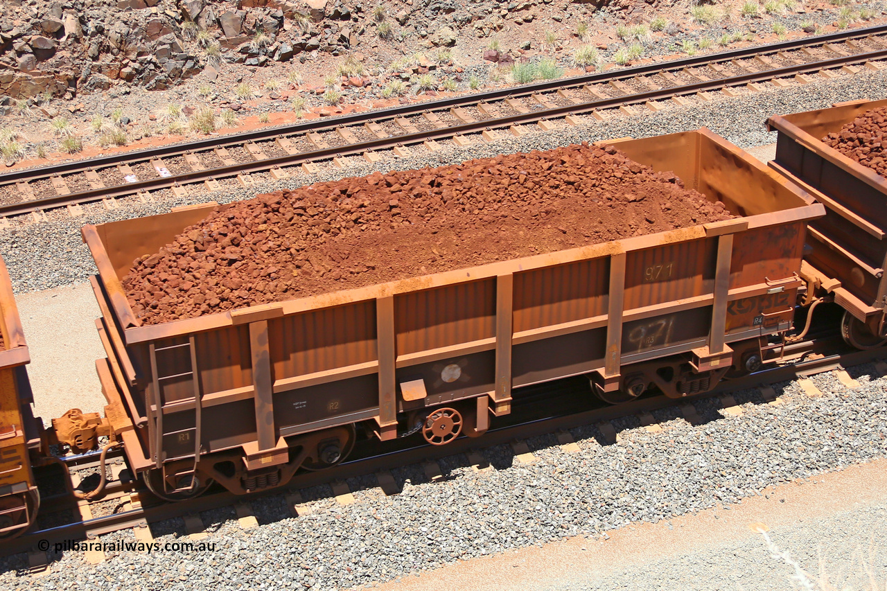 0971 160306 1491
Robe River ore waggon 971, built by Centurion Industries WA, fixed coupler handbrake side loaded view, at the 45 km, Harding Siding on the Cape Lambert line. March 6, 2016.
Keywords: 971;Centurion-Industries-WA;Robe-ore-waggon;