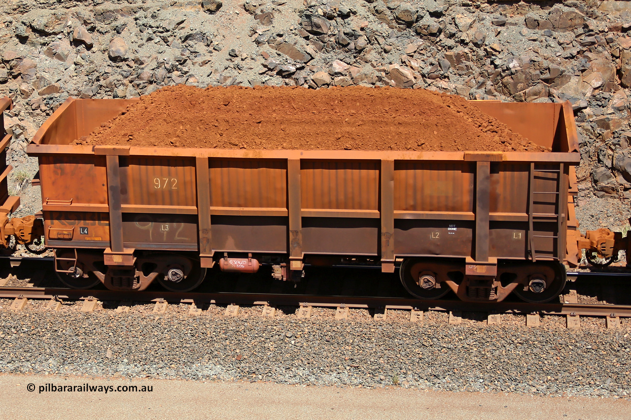 0972 160306 1555
Robe River ore waggon 972, built by Centurion Industries WA, fixed coupler non-handbrake side loaded view, at the 45 km, Harding Siding on the Cape Lambert line. March 6, 2016.
Keywords: 972;Centurion-Industries-WA;Robe-ore-waggon;
