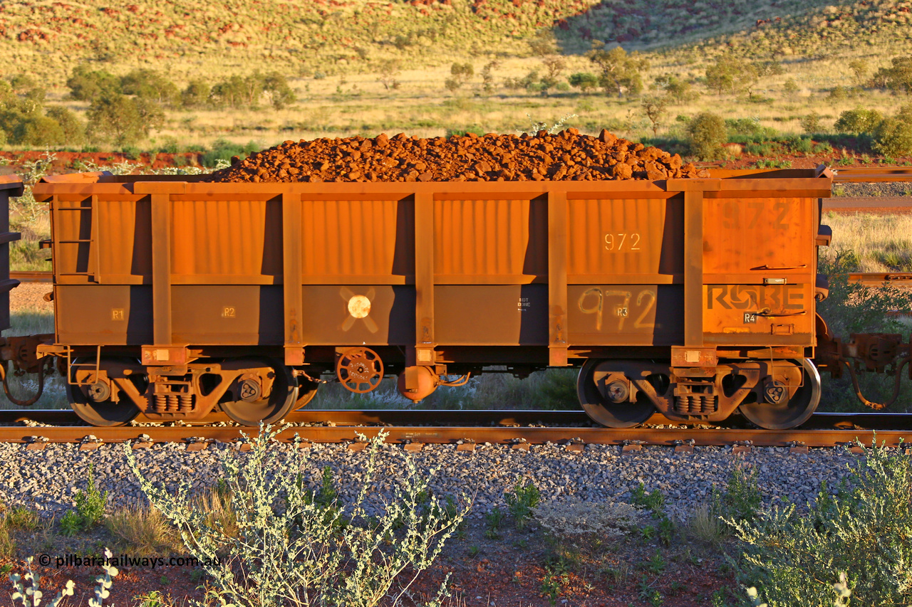 0972 170513 8749
Robe River ore waggon 972, built by Centurion Industries WA, rotary coupler end handbrake side loaded view, Cape Lambert yard, May 13, 2017.
Keywords: 972;Centurion-Industries-WA;Robe-ore-waggon;