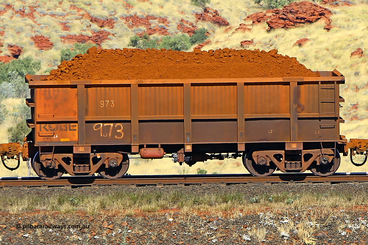 0973 170728 09909
Robe River ore waggon 973, built by Centurion Industries WA, non-handbrake side loaded view at the 72 km, Western Creek on the Deepdale line. July 28, 2017.
Keywords: 973;Centurion-Industries-WA;Robe-ore-waggon;
