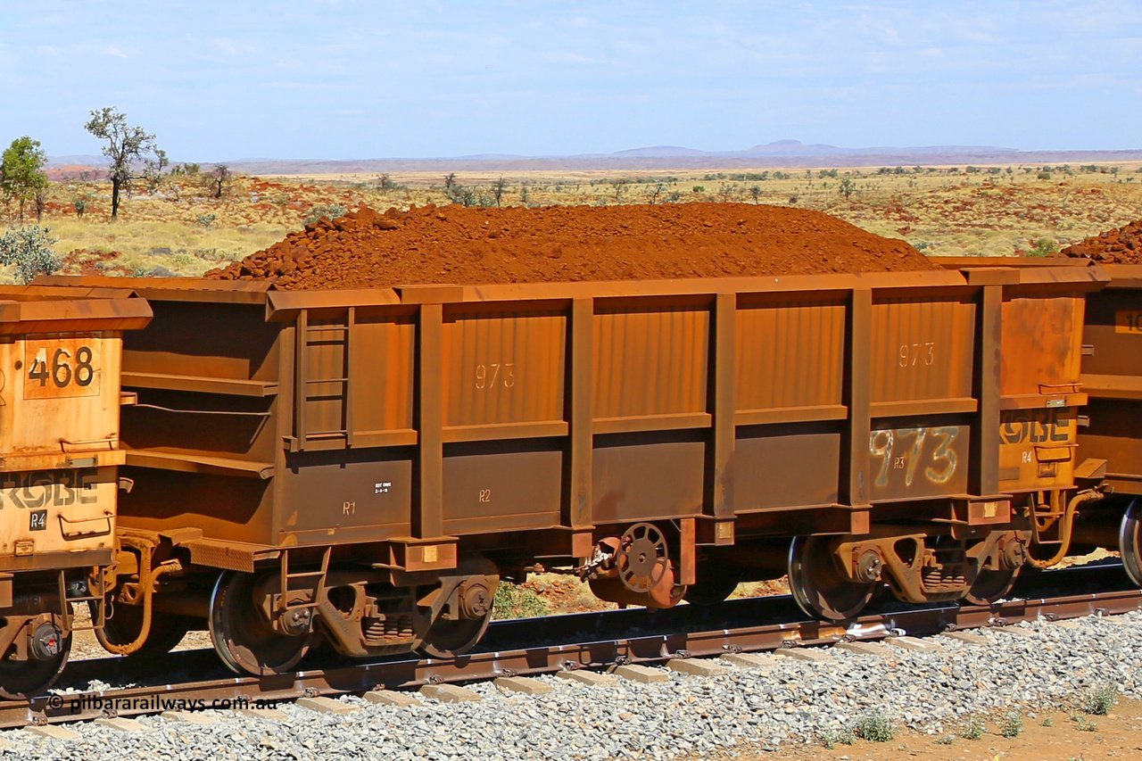 0973 170729 0270
Robe River ore waggon 973, built by Centurion Industries WA, fixed coupler handbrake side loaded view at the 103 km, between Maitland Siding and the Fortescue River on the Deepdale line. July 29, 2017.
Keywords: 973;Centurion-Industries-WA;Robe-ore-waggon;