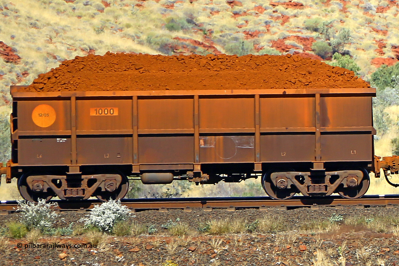 1000 170728 09909
Robe River ore waggon 1000, class leader built by Bradken Rail Qld in December 2005, non-handbrake side loaded view at the 72 km, Western Creek on the Deepdale line. July 28, 2017.
Keywords: 1000;Bradken-Rail-Qld;Robe-ore-waggon;