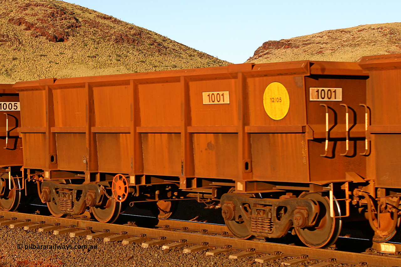 1001 060722 7601
Robe River ore waggon 1001, built by Bradken Rail Qld in December 2005, rotary coupler end handbrake side empty view, at the 11.7 km, Cape Lambert. July 22, 2006.
Keywords: 1001;Bradken-Rail-Qld;Robe-ore-waggon;