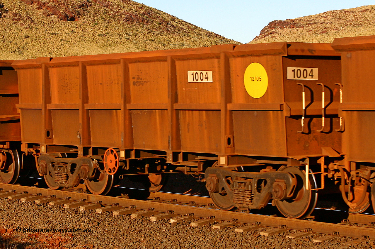 1004 060722 7603
Robe River ore waggon 1004, built by Bradken Rail Qld in December 2005, rotary coupler end handbrake side empty view, at the 11.7 km, Cape Lambert. July 22, 2006.
Keywords: 1004;Bradken-Rail-Qld;Robe-ore-waggon;