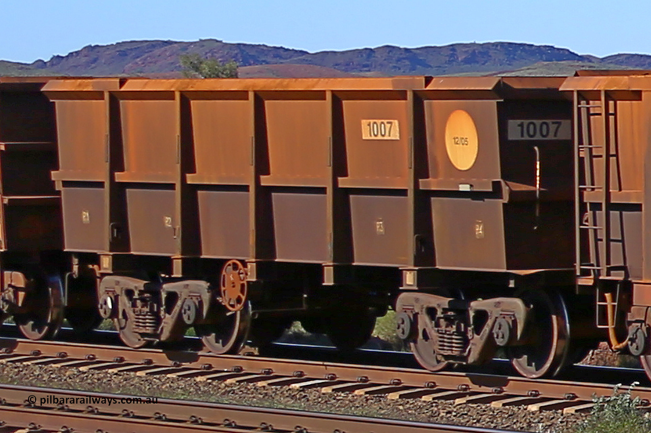 1007 160727 0958
Robe River ore waggon 1007, built by Bradken Rail Qld in December 2005, rotary coupler end handbrake side empty view at Harding Siding on the Cape Lambert line, July 27, 2016.
Keywords: 1007;Bradken-Rail-Qld;Robe-ore-waggon;