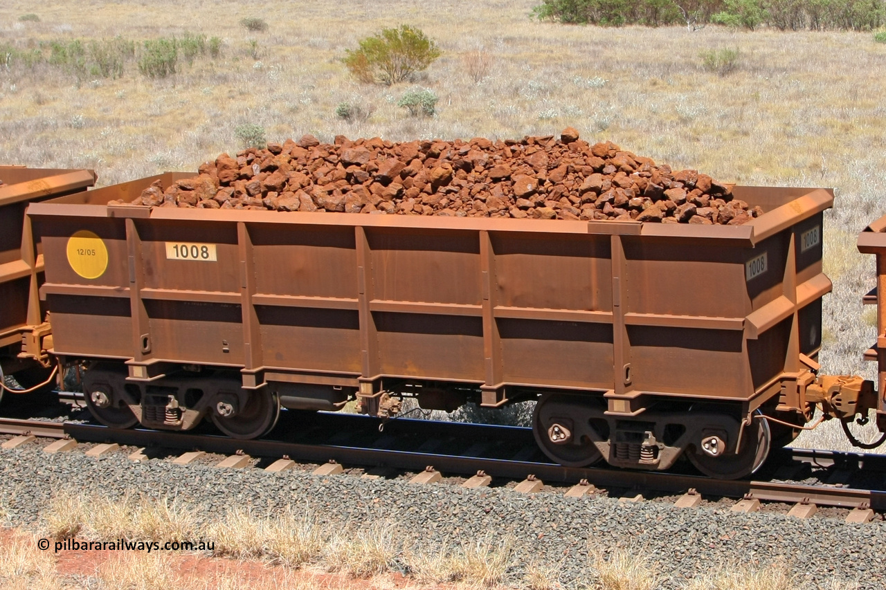 1008 081209 0157
Robe River ore waggon 1008, built by Bradken Rail Qld in December 2005, non-handbrake side loaded view at the 7 km location just south of Cape Lambert yard. December 9, 2008.
Keywords: 1008;Bradken-Rail-Qld;Robe-ore-waggon;