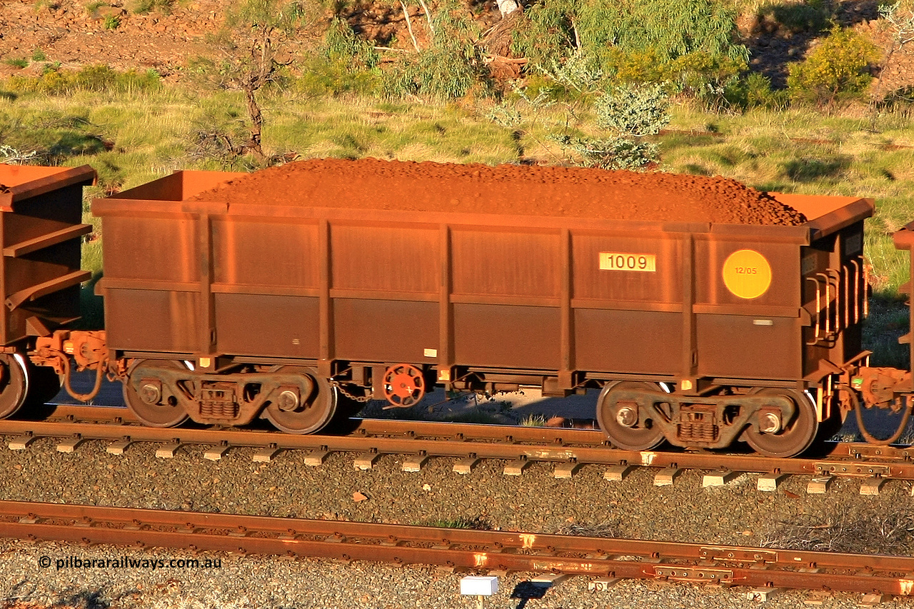 1009 110602 1630
Robe River ore waggon 1009, built by Bradken Rail Qld in December 2005, rotary coupler end handbrake side loaded view at the 71 km, Western Creek on the Deepdale line. June 2, 2011.
Keywords: 1009;Bradken-Rail-Qld;Robe-ore-waggon;