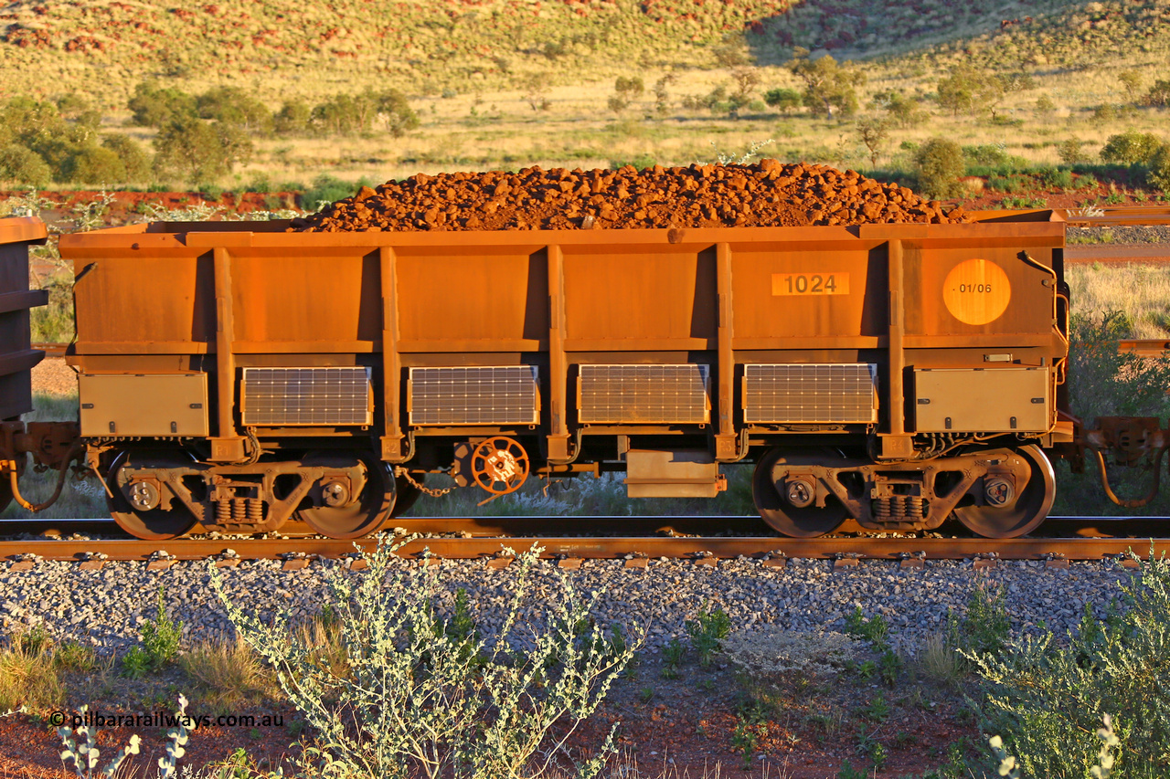 1024 170513 8756
Robe River ore waggon 1024, built by Bradken Rail Qld in January 2006, handbrake side loaded view, instrumented vehicle, Cape Lambert yard, May 13, 2017.
Keywords: 1024;Bradken-Rail-Qld;Robe-ore-waggon;
