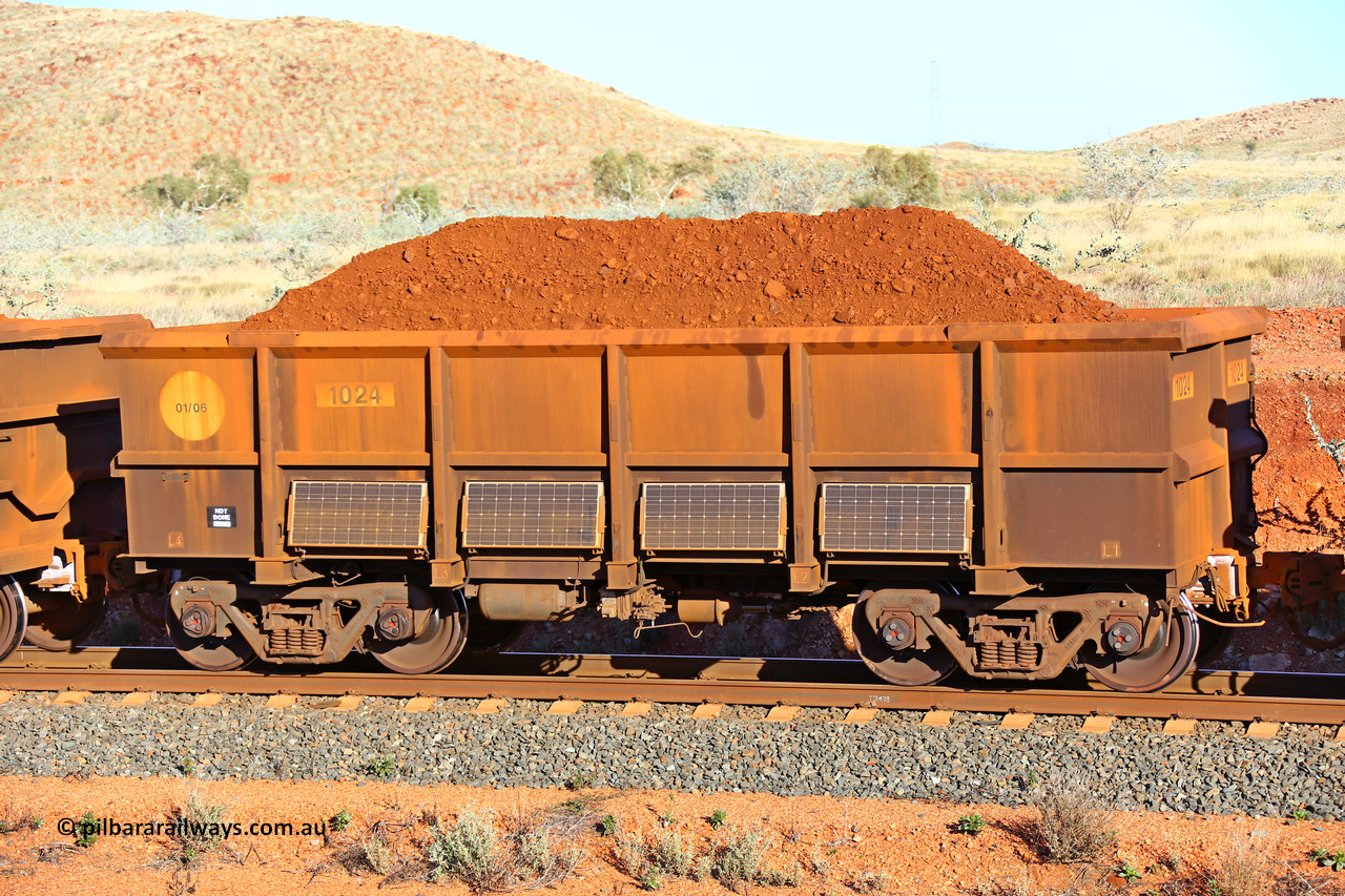 1024 180616 1662
Robe River ore waggon 1024, built by Bradken Rail Qld in January 2006, fixed coupler non-handbrake side loaded view, instrumented vehicle, at the 33.7 km, Arches on the Cape Lambert line, June 16, 2018.
Keywords: 1024;Bradken-Rail-Qld;Robe-ore-waggon;