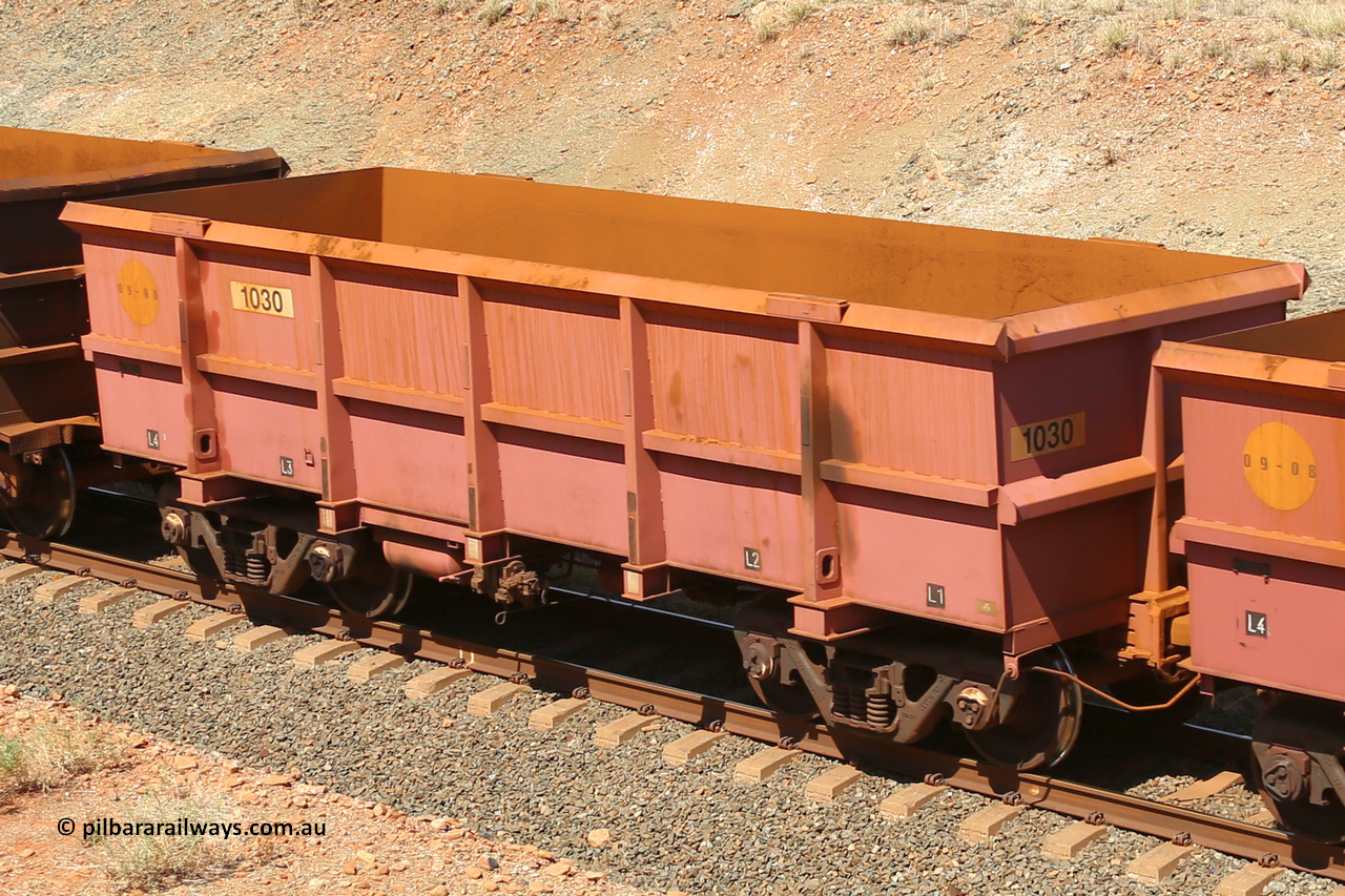 1030 160306 1294
Robe River ore waggon 1030, built by Bradken Rail Qld in September 2008, fixed coupler non-handbrake side empty view at Greenpool on the Cape Lambert line. March 6, 2016.
Keywords: 1030;Bradken-Rail-Qld;Robe-ore-waggon;