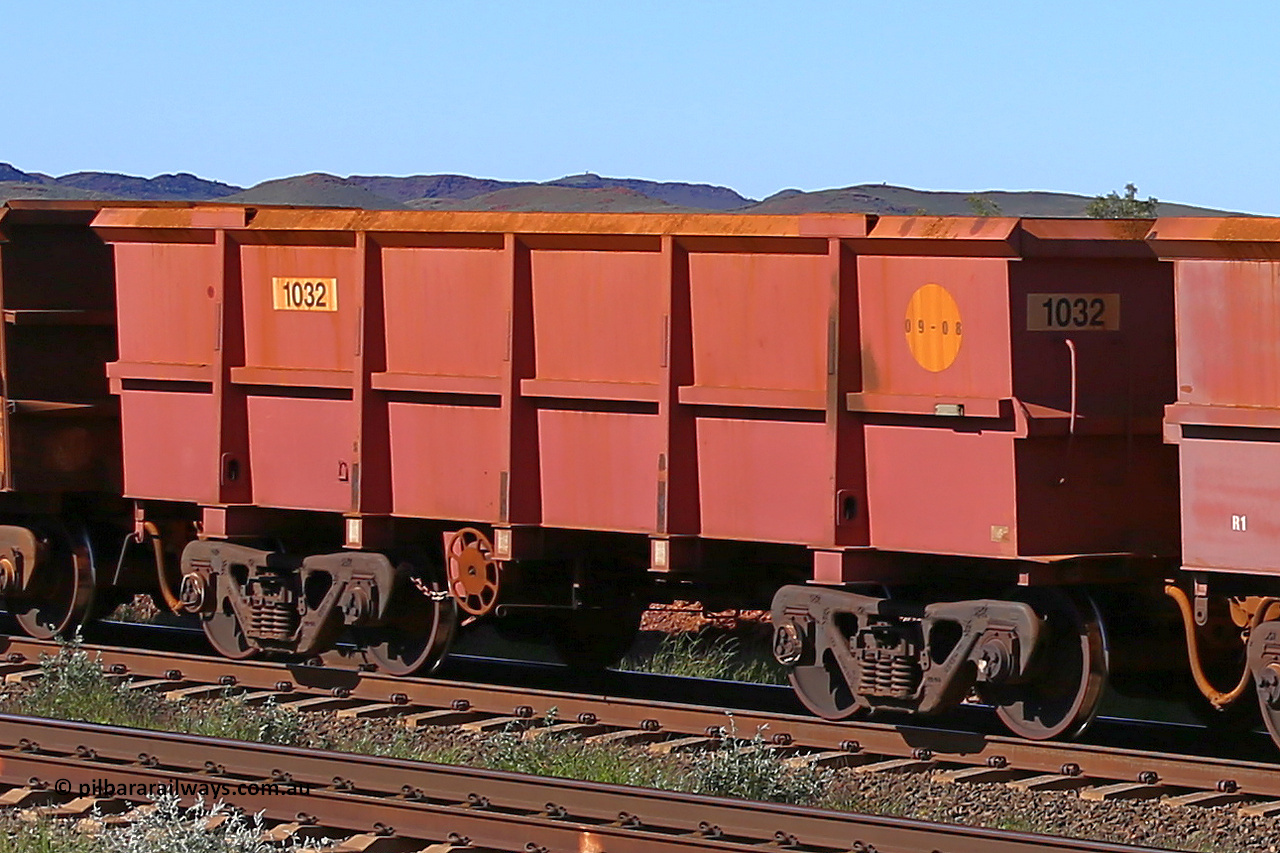1032 160727 0949
Robe River ore waggon 1032, built by Bradken Rail Qld in September 2008, rotary coupler end handbrake side empty partial view at Harding Siding on the Cape Lambert line, July 27, 2016.
Keywords: 1032;Bradken-Rail-Qld;Robe-ore-waggon;
