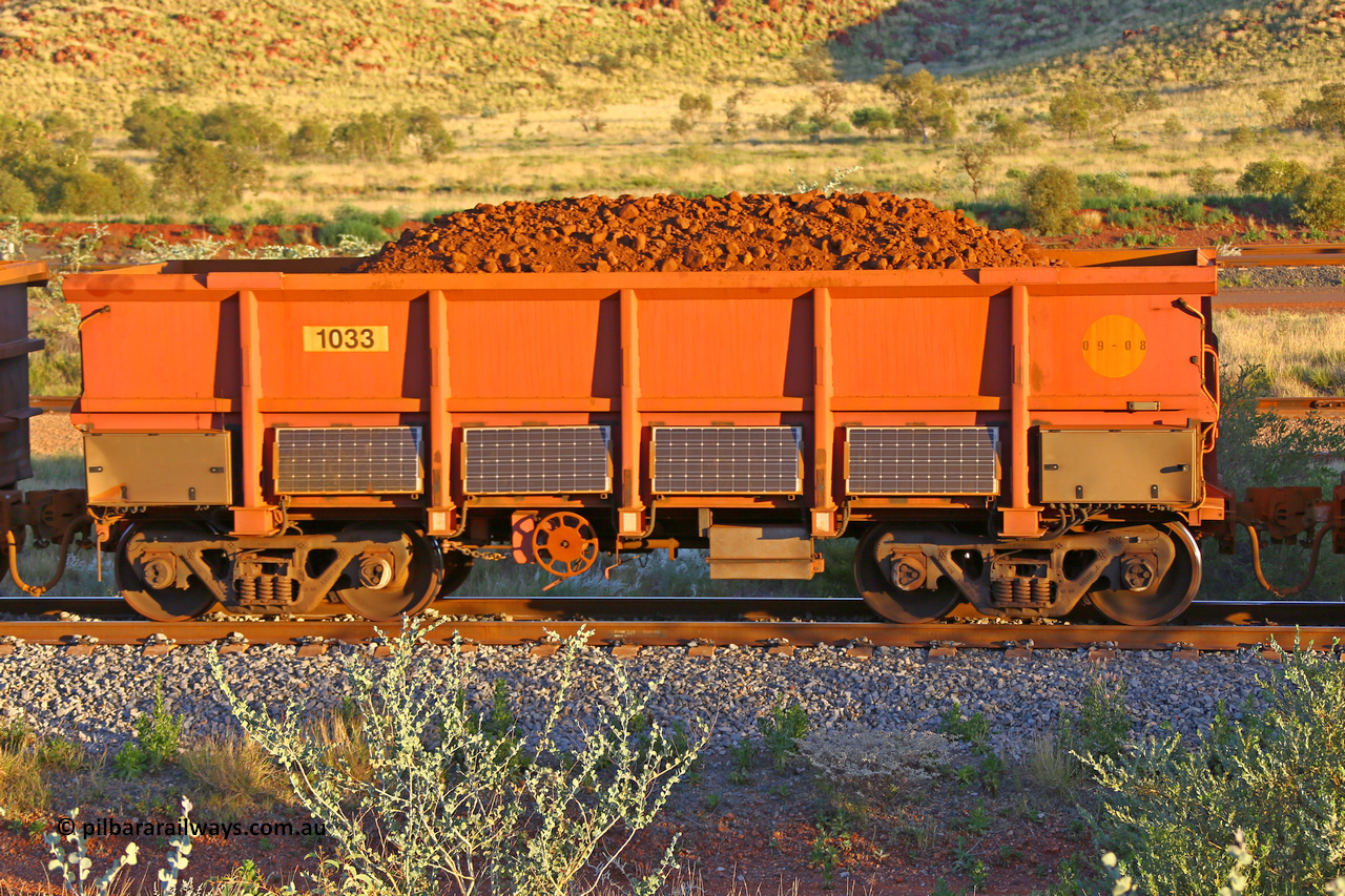 1033 170513 8746
Robe River ore waggon 1033, built by Bradken Rail Qld in September 2008, rotary coupler end handbrake side loaded view, instrumented vehicle, Cape Lambert yard, May 13, 2017.
Keywords: 1033;Bradken-Rail-Qld;Robe-ore-waggon;