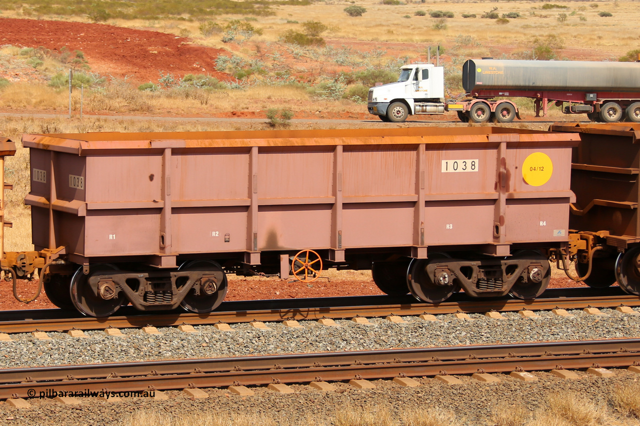 1038 141124 6818
Robe River ore waggon 1038, built by Bradken Rail Qld in April 2012, fixed coupler handbrake side empty view at the 25 km at Arches Siding on the Cape Lambert line. November 24, 2014.
Keywords: 1038;Bradken-Rail-Qld;Robe-ore-waggon;