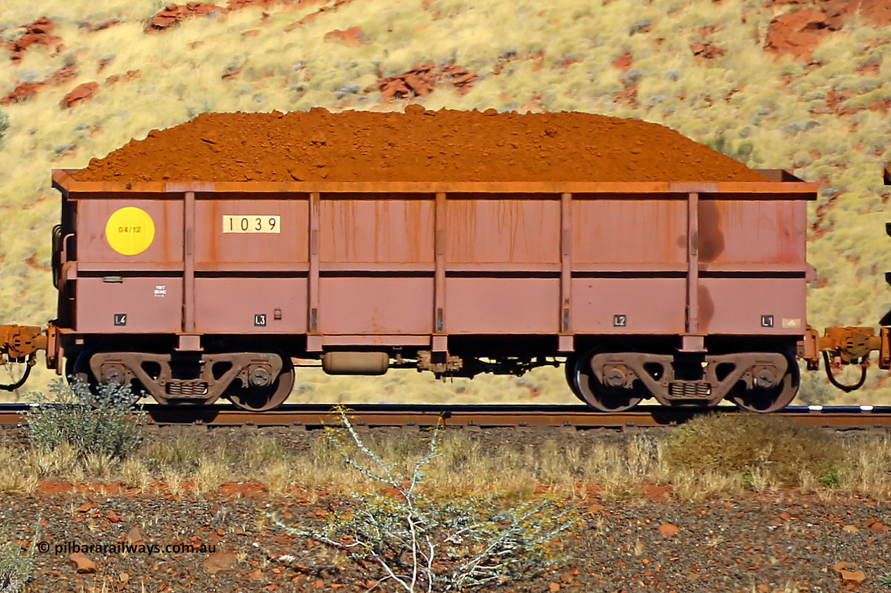 1039 170728 09941
Robe River ore waggon 1039, built by Bradken Rail Qld in April 2012, non-handbrake side loaded view at the 72 km, Western Creek on the Deepdale line. July 28, 2017.
Keywords: 1039;Bradken-Rail-Qld;Robe-ore-waggon;