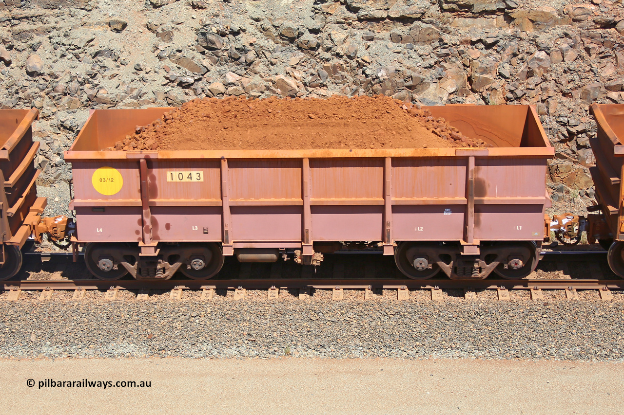 1043 160306 1511
Robe River ore waggon 1043, built by Bradken Rail Qld in March 2012, non-handbrake side loaded view, at the 45 km, Harding Siding on the Cape Lambert line. March 6, 2016.
Keywords: 1043;Bradken-Rail-Qld;Robe-ore-waggon;