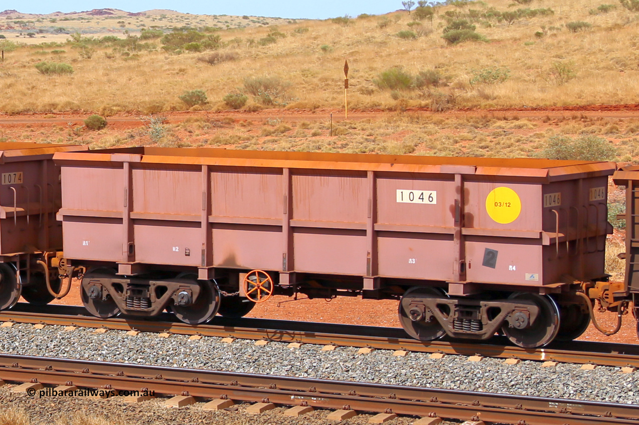 1046 141124 6811
Robe River ore waggon 1046, built by Bradken Rail Qld in March 2012, rotary coupler end handbrake side empty view at the 25 km at Arches Siding on the Cape Lambert line. November 24, 2014.
Keywords: 1046;Bradken-Rail-Qld;Robe-ore-waggon;