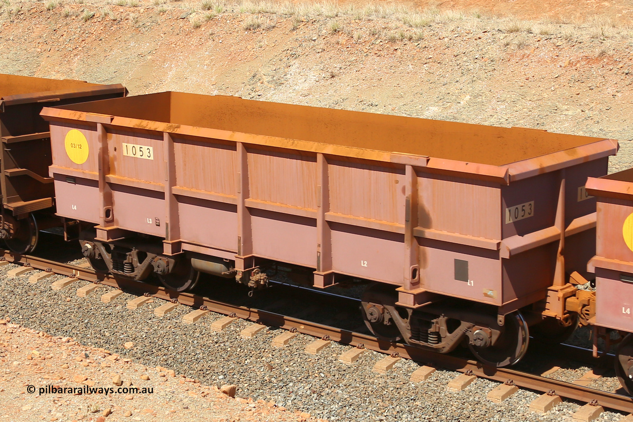 1053 160306 1289
Robe River ore waggon 1053, built by Bradken Rail Qld in March 2012, fixed coupler non-handbrake side empty view at Greenpool on the Cape Lambert line. March 6, 2016.
Keywords: 1053;Bradken-Rail-Qld;Robe-ore-waggon;