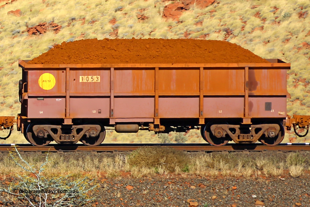 1053 170728 09939
Robe River ore waggon 1053, built by Bradken Rail Qld in March 2012, non-handbrake side loaded view at the 72 km, Western Creek on the Deepdale line. July 28, 2017.
Keywords: 1053;Bradken-Rail-Qld;Robe-ore-waggon;