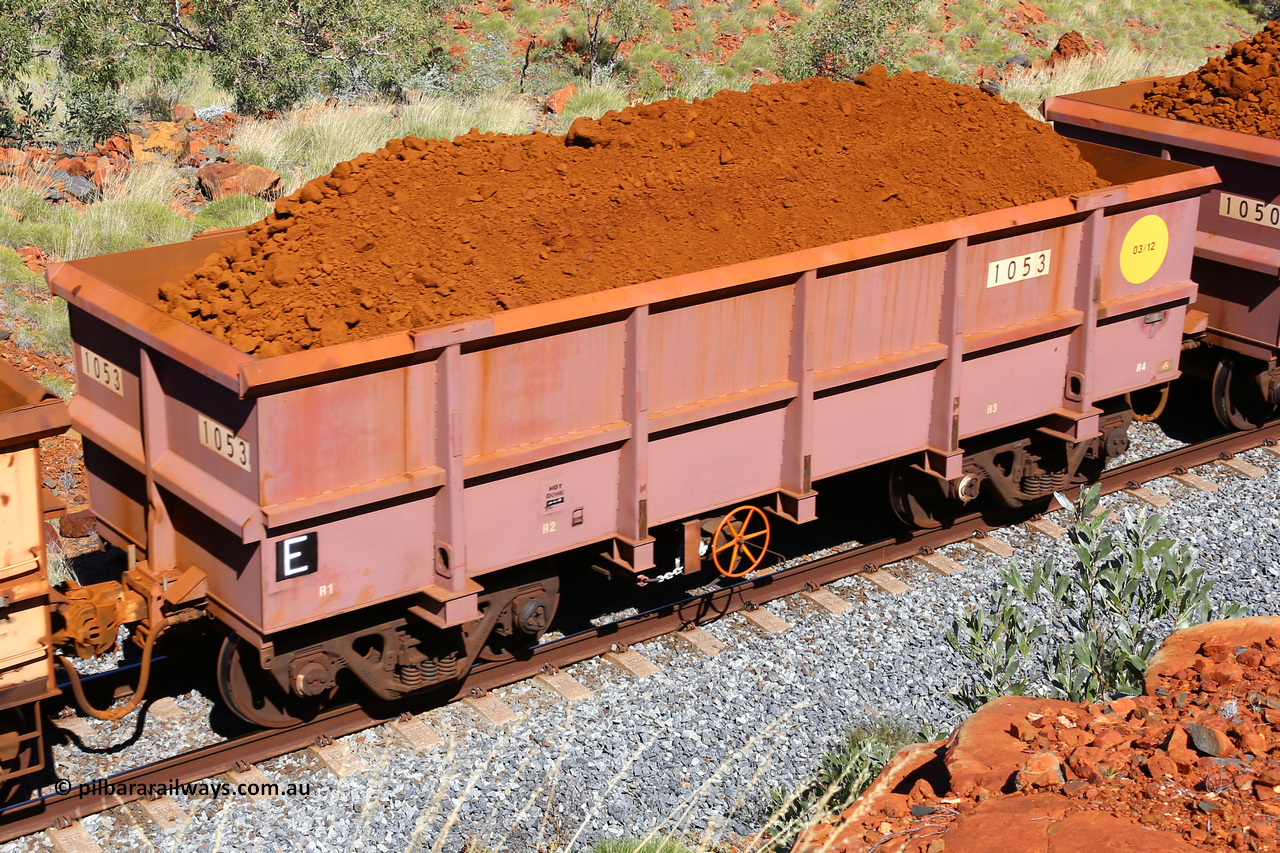 1053 180616 1854
Robe River ore waggon 1053, built by Bradken Rail Qld, fixed coupler handbrake side loaded view at Maitland Siding on the Deepdale line, June 16, 2018.
Keywords: 1053;Bradken-Rail-Qld;Robe-ore-waggon;