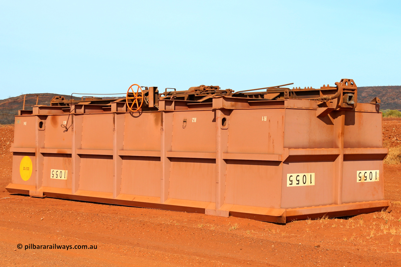 1055 141124 6754
Robe River ore waggon 1055, built by Bradken Rail Qld in March 2012, fixed coupler handbrake side view, upside down following derailment near the 11.7 km grade crossing, Cape Lambert. November 24, 2014.
Keywords: 1055;Bradken-Rail-Qld;Robe-ore-waggon;