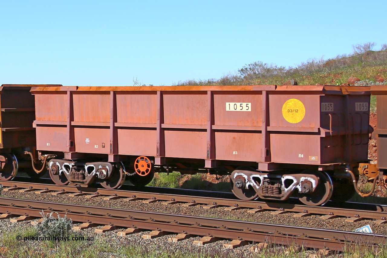 1055 160727 0978
Robe River ore waggon 1055, built by Bradken Rail Qld in March 2012, rotary coupler end handbrake side empty view at Harding Siding on the Cape Lambert line, July 27, 2016.
Keywords: 1055;Bradken-Rail-Qld;Robe-ore-waggon;