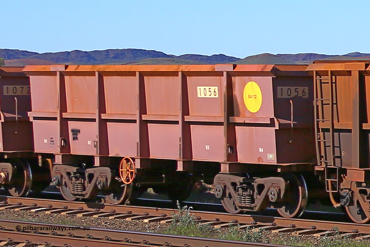 1056 160727 0986
Robe River ore waggon 1056, built by Bradken Rail Qld in April 2012, rotary coupler end handbrake side empty view at Harding Siding on the Cape Lambert line, July 27, 2016.
Keywords: 1056;Bradken-Rail-Qld;Robe-ore-waggon;