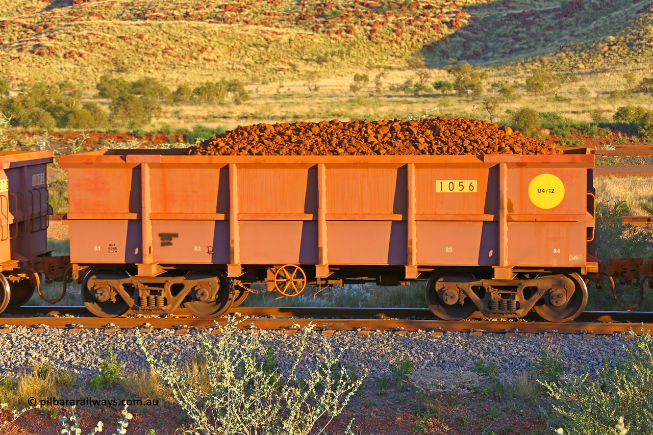 1056 170513 8720
Robe River ore waggon 1056, built by Bradken Rail Qld in April 2012, rotary coupler end handbrake side loaded view, Cape Lambert yard, May 13, 2017.
Keywords: 1056;Bradken-Rail-Qld;Robe-ore-waggon;