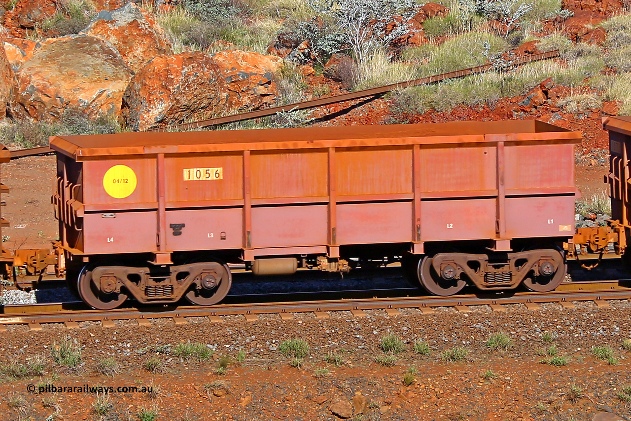 1056 180616 1708
Robe River ore waggon 1056, built by Bradken Rail Qld in April 2012, rotary coupler end non-handbrake side empty view, at the 38 km, Harding on the Cape Lambert line, June 16, 2018.
Keywords: 1056;Bradken-Rail-Qld;Robe-ore-waggon;