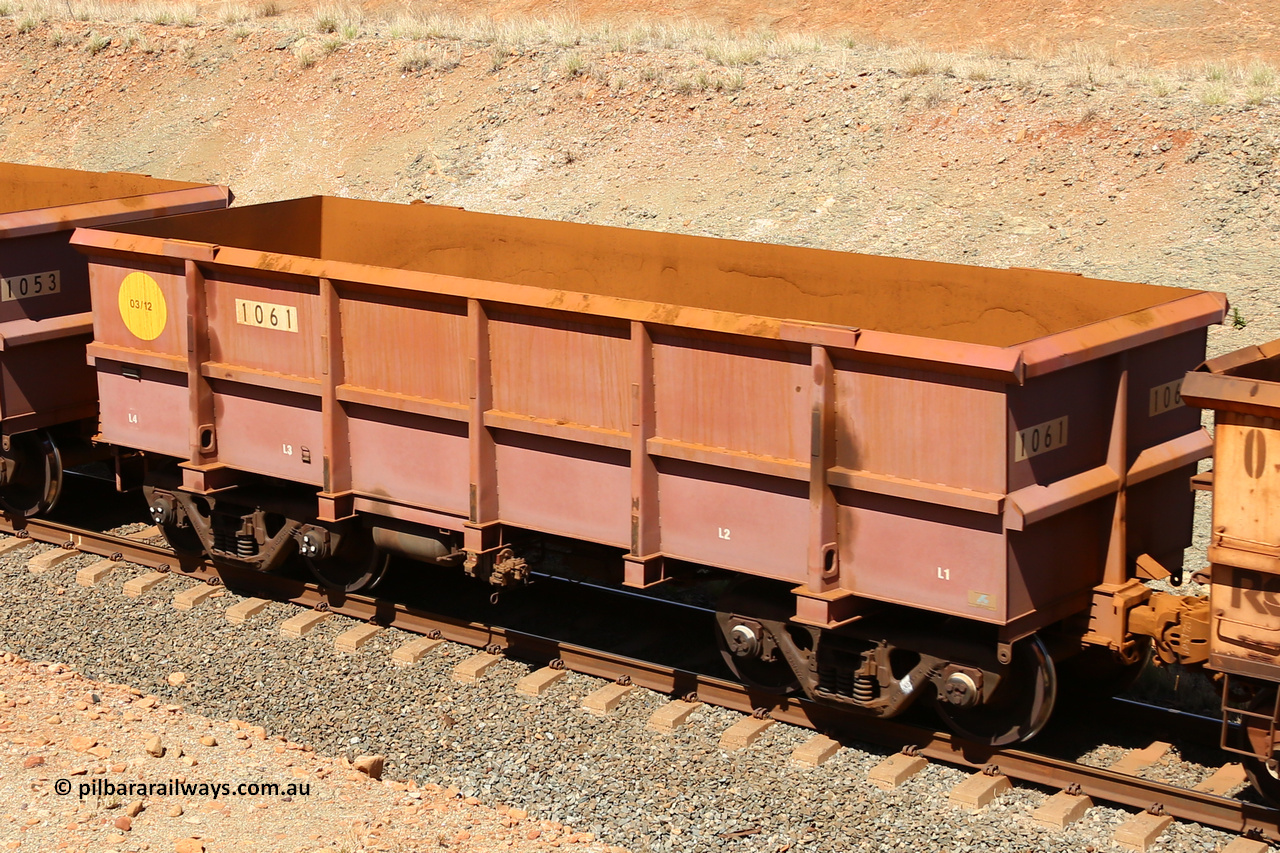 1061 160306 1290
Robe River ore waggon 1061, built by Bradken Rail Qld in March 2012, fixed coupler non-handbrake side empty view at Greenpool on the Cape Lambert line. March 6, 2016.
Keywords: 1061;Bradken-Rail-Qld;Robe-ore-waggon;