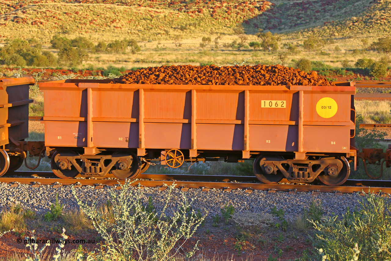 1062 170513 8718
Robe River ore waggon 1062, built by Bradken Rail Qld in March 2012, rotary coupler end handbrake side loaded view, Cape Lambert yard, May 13, 2017.
Keywords: 1062;Bradken-Rail-Qld;Robe-ore-waggon;