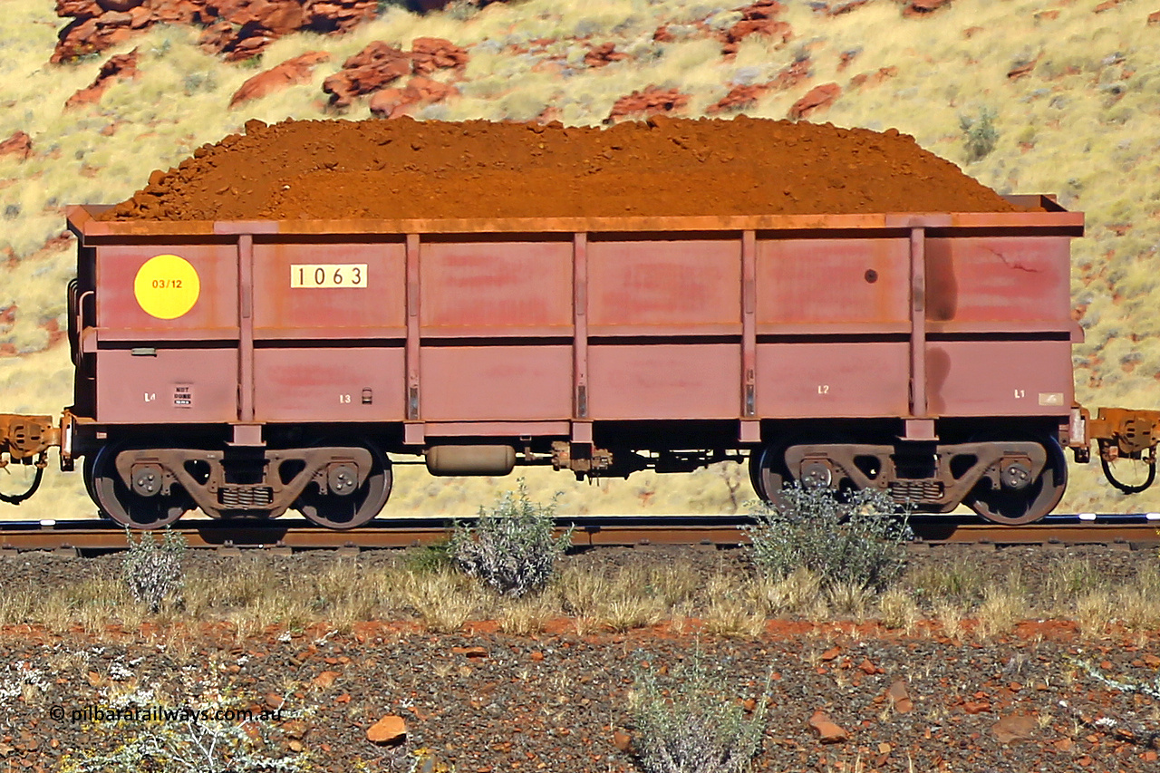 1063 170728 09914
Robe River ore waggon 1063, built by Bradken Rail Qld in March 2012, non-handbrake side loaded view at the 72 km, Western Creek on the Deepdale line. July 28, 2017.
Keywords: 1063;Bradken-Rail-Qld;Robe-ore-waggon;