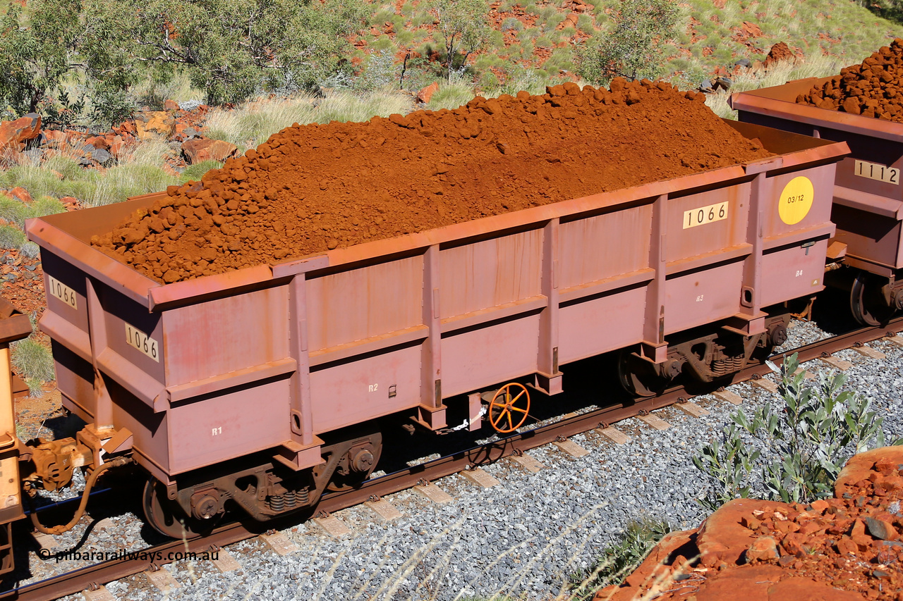 1066 180616 1862
Robe River ore waggon 1066, built by Bradken Rail Qld in March 2012, fixed coupler handbrake side loaded view at Maitland Siding on the Deepdale line, June 16, 2018.
Keywords: 1066;Bradken-Rail-Qld;Robe-ore-waggon;