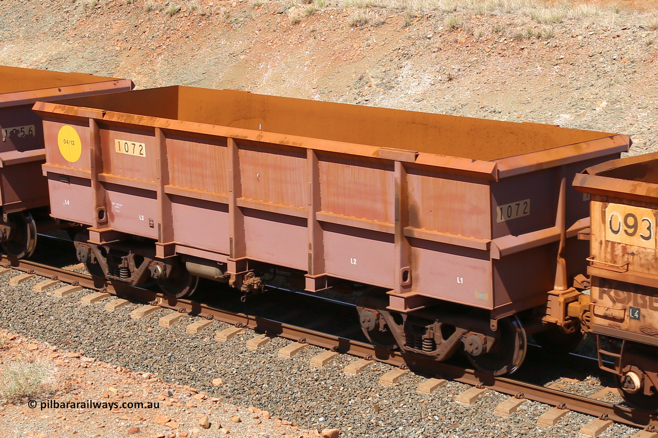 1072 160306 1311
Robe River ore waggon 1072, built by Bradken Rail Qld in April 2012, fixed coupler non-handbrake side empty view at Greenpool on the Cape Lambert line. March 6, 2016.
Keywords: 1072;Bradken-Rail-Qld;Robe-ore-waggon;