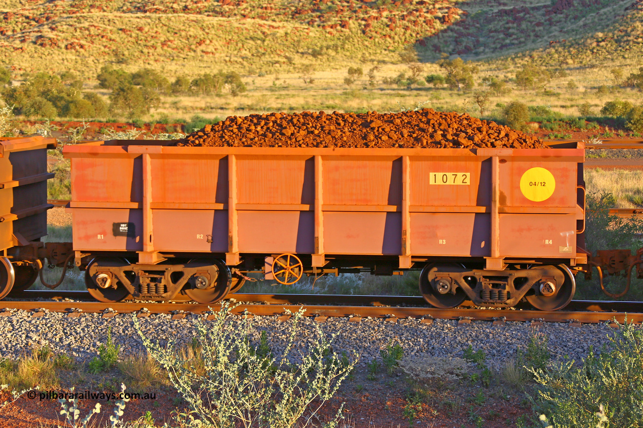 1072 170513 8721
Robe River ore waggon 1072, built by Bradken Rail Qld in April 2012, rotary coupler end handbrake side loaded view, Cape Lambert yard, May 13, 2017.
Keywords: 1072;Bradken-Rail-Qld;Robe-ore-waggon;