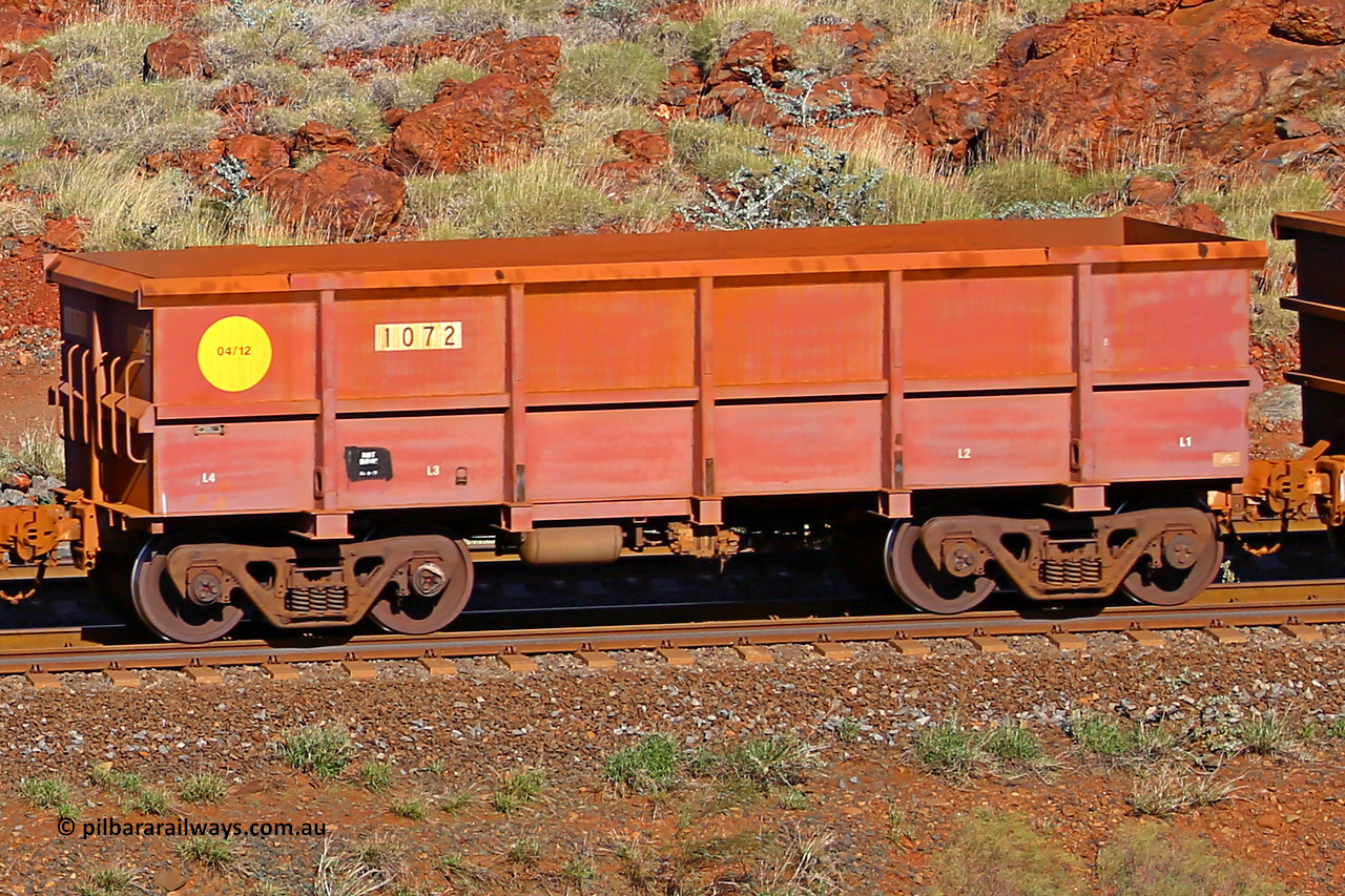 1072 180616 1708
Robe River ore waggon 1072, built by Bradken Rail Qld in April 2012, rotary coupler end non-handbrake side empty view, at the 38 km, Harding on the Cape Lambert line, June 16, 2018.
Keywords: 1072;Bradken-Rail-Qld;Robe-ore-waggon;