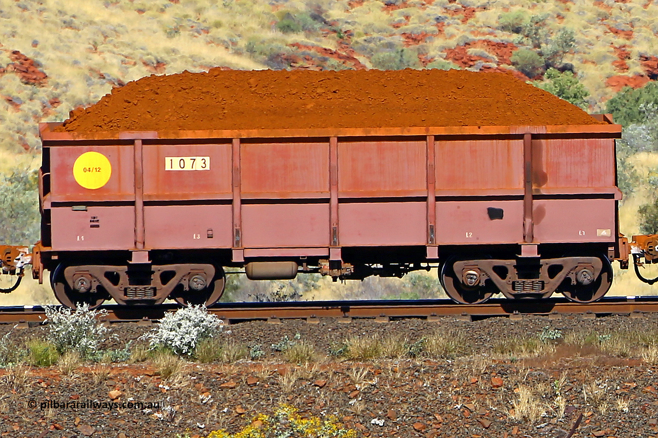 1073 170728 09924
Robe River ore waggon 1073, built by Bradken Rail Qld in April 2012, non-handbrake side loaded view at the 72 km, Western Creek on the Deepdale line. July 28, 2017.
Keywords: 1073;Bradken-Rail-Qld;Robe-ore-waggon;