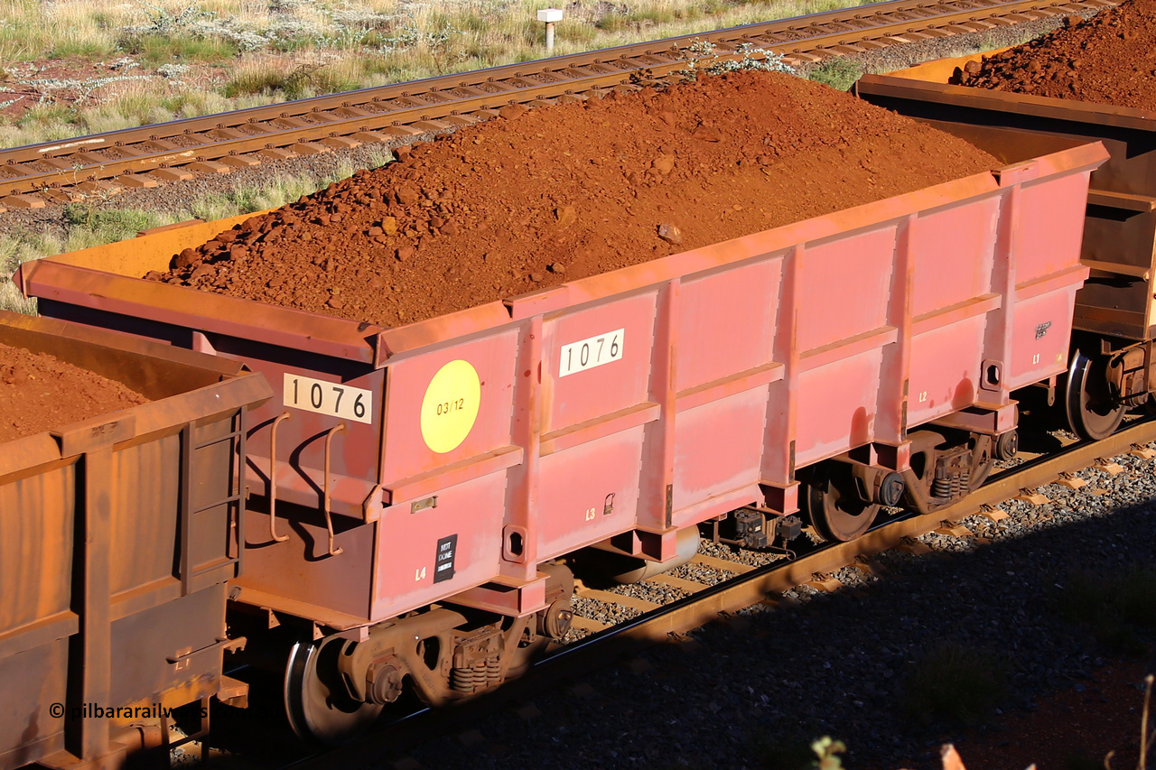 1076 210322 9789
Robe River ore waggon 1076, built by Bradken Rail Qld in March 2012, rotary coupler end non-handbrake side loaded view, at the 17 km on the Cape Lambert line, March 22, 2021.
Keywords: 1076;Bradken-Rail-Qld;Robe-ore-waggon;