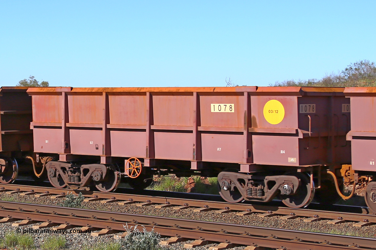 1078 160727 0955
Robe River ore waggon 1078, built by Bradken Rail Qld in March 2012, rotary coupler end handbrake side empty view at Harding Siding on the Cape Lambert line, July 27, 2016.
Keywords: 1078;Bradken-Rail-Qld;Robe-ore-waggon;