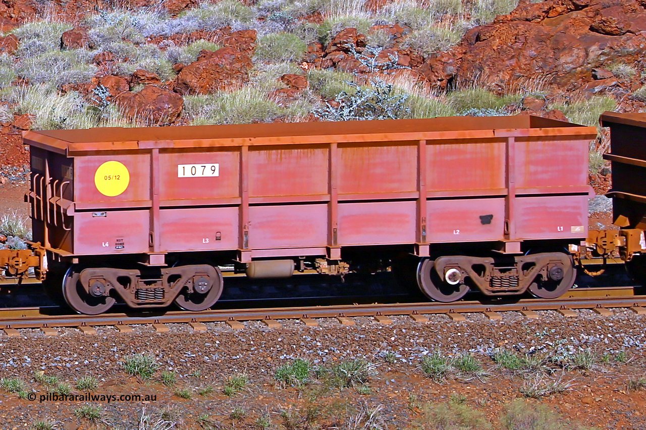 1079 180616 1706
Robe River ore waggon 1079, built by Bradken Rail Qld in May 2012, rotary coupler end non-handbrake side empty view, at the 38 km, Harding on the Cape Lambert line, June 16, 2018.
Keywords: 1079;Bradken-Rail-Qld;Robe-ore-waggon;
