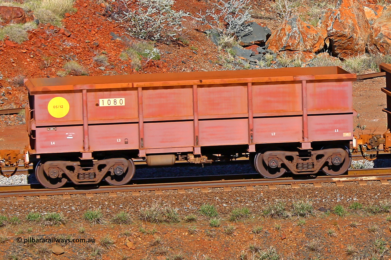 1080 180616 1739
Robe River ore waggon 1080, built by Bradken Rail Qld in May 2012, rotary coupler end non-handbrake side empty view, at the 38 km, Harding on the Cape Lambert line, June 16, 2018.
Keywords: 1080;Bradken-Rail-Qld;Robe-ore-waggon;