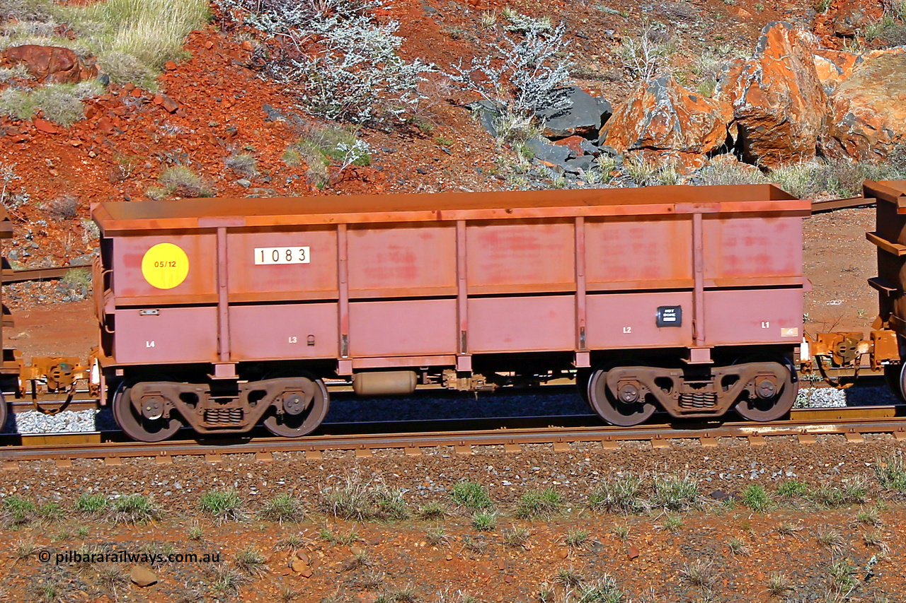 1083 180616 1734
Robe River ore waggon 1083, built by Bradken Rail Qld in May 2012, rotary coupler end non-handbrake side empty view, at the 38 km, Harding on the Cape Lambert line, June 16, 2018.
Keywords: 1083;Bradken-Rail-Qld;Robe-ore-waggon;