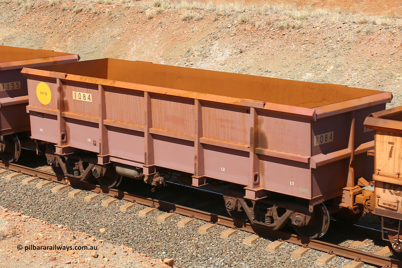 1084 160306 1284
Robe River ore waggon 1084, built by Bradken Rail Qld in April 2012, fixed coupler non-handbrake side empty view at Greenpool on the Cape Lambert line. March 6, 2016.
Keywords: 1084;Bradken-Rail-Qld;Robe-ore-waggon;