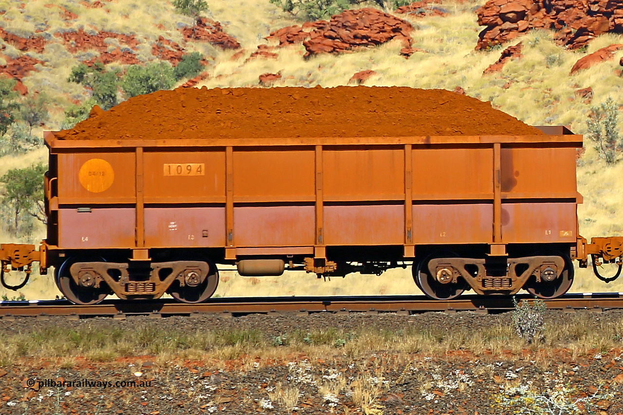 1094 170728 09938
Robe River ore waggon 1094, built by Bradken Rail Qld in April 2012, non-handbrake side loaded view at the 72 km, Western Creek on the Deepdale line. July 28, 2017.
Keywords: 1094;Bradken-Rail-Qld;Robe-ore-waggon;
