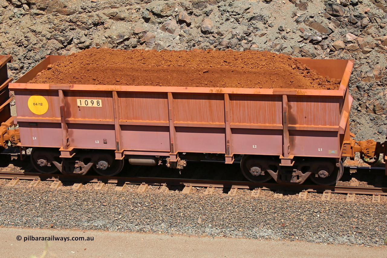1098 160306 1607
Robe River ore waggon 1098, built by Bradken Rail Qld in April 2012, fixed coupler non-handbrake side loaded view, at the 45 km, Harding Siding on the Cape Lambert line. March 6, 2016.
Keywords: 1098;Bradken-Rail-Qld;Robe-ore-waggon;