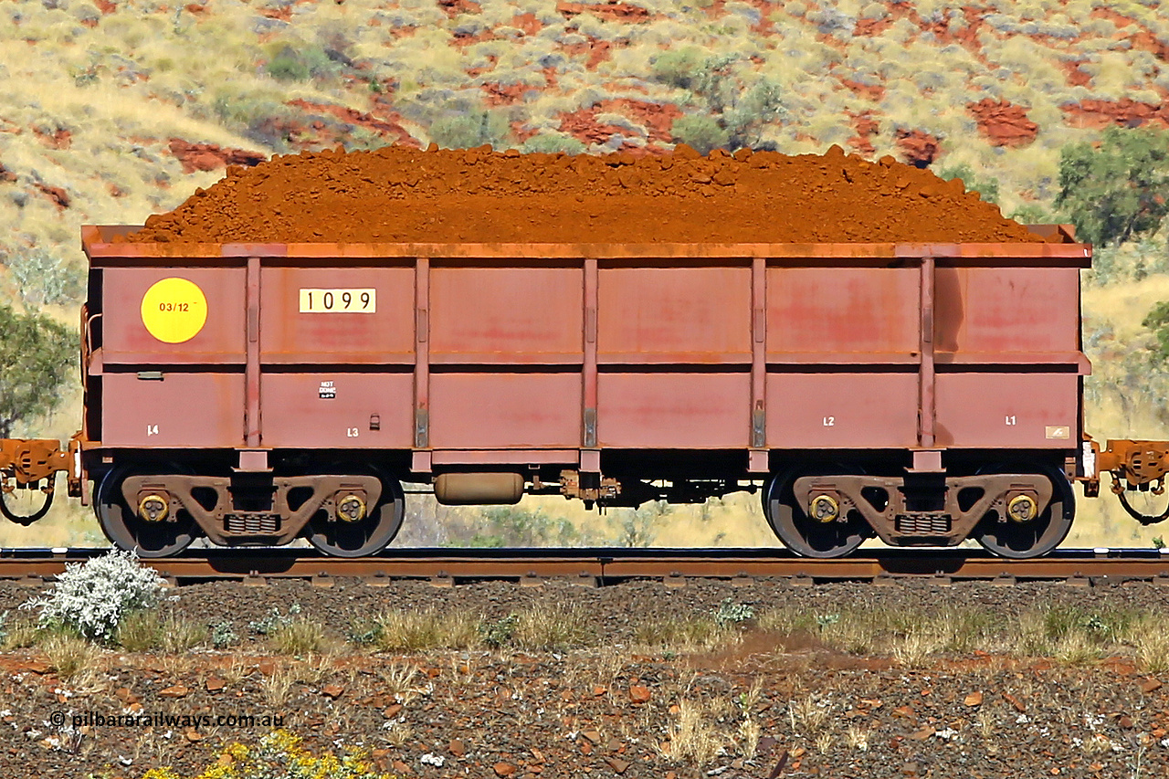 1099 170728 09919
Robe River ore waggon 1099, built by Bradken Rail Qld in March 2012, non-handbrake side loaded view at the 72 km, Western Creek on the Deepdale line. July 28, 2017.
Keywords: 1099;Bradken-Rail-Qld;Robe-ore-waggon;