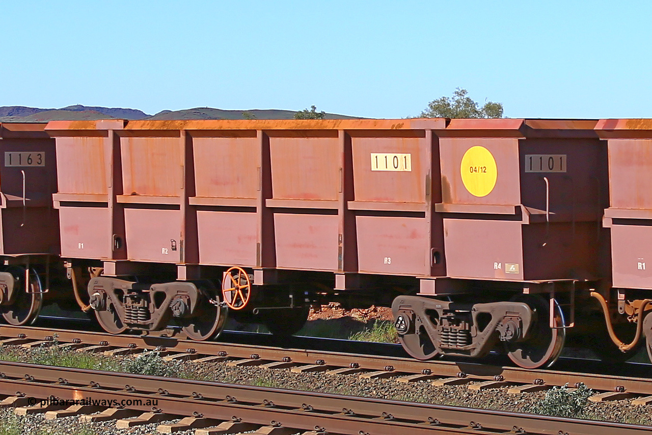 1101 160727 0956
Robe River ore waggon 1101, built by Bradken Rail Qld in April 2012, rotary coupler end handbrake side empty view at Harding Siding on the Cape Lambert line, July 27, 2016.
Keywords: 1101;Bradken-Rail-Qld;Robe-ore-waggon;